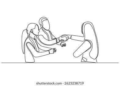 Dibujo continuo de una línea de personas de negocios hacen una negociación. Ilustración de dibujo de una sola línea de negocio. Arte de Arte vectorial de concepto de negociación. ilustración de línea Doodle.