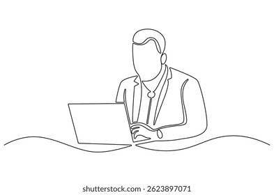 Continuous one line drawing of Business man working on laptop. Single line drawing illustration of Businessman hand typing on laptop. Virtual meeting concept vector art. Doodle line illustration.