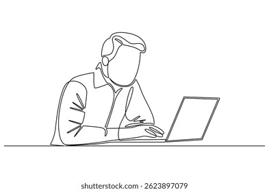 Continuous one line drawing of Business man working on laptop. Single line drawing illustration of Businessman hand typing on laptop. Virtual meeting concept vector art. Doodle line illustration.