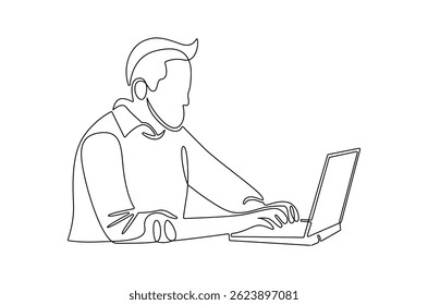 Continuous one line drawing of Business man working on laptop. Single line drawing illustration of Businessman hand typing on laptop. Virtual meeting concept vector art. Doodle line illustration.