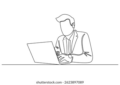 Continuous one line drawing of Business man working on laptop. Single line drawing illustration of Businessman hand typing on laptop. Virtual meeting concept vector art. Doodle line illustration.