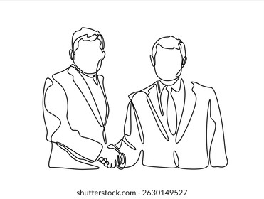 Um desenho contínuo de uma linha, parceiros de negócios, clientes apertando as mãos, concluindo um acordo, um acordo. Conceito comercial. Ilustração gráfica vetorial de um desenho de linha. Traçado editável.	