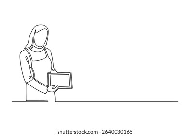 Continuous one line drawing of Business woman with tablet computer. Single line drawing illustration of Saleswoman showing tablet. Business Blank screen concept vector art. Doodle line illustration.
