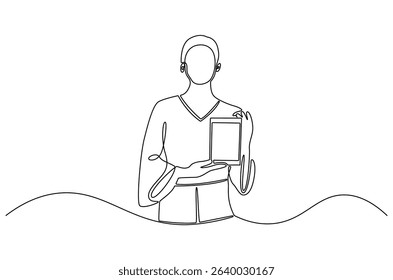 Continuous one line drawing of Business woman with tablet computer. Single line drawing illustration of Saleswoman showing tablet. Business Blank screen concept vector art. Doodle line illustration.
