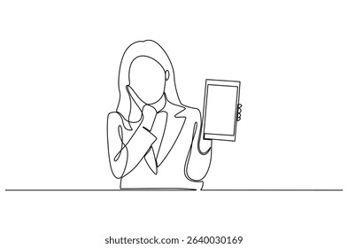 Continuous one line drawing of Business woman with tablet computer. Single line drawing illustration of Saleswoman showing tablet. Business Blank screen concept vector art. Doodle line illustration.

