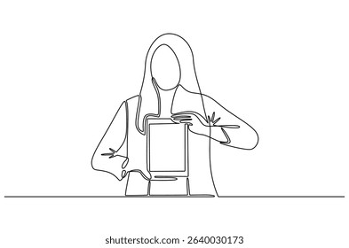 Continuous one line drawing of Business woman with tablet computer. Single line drawing illustration of Saleswoman showing tablet. Business Blank screen concept vector art. Doodle line illustration.

