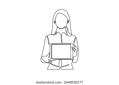 Continuous one line drawing of Business woman with tablet computer. Single line drawing illustration of Saleswoman showing tablet. Business Blank screen concept vector art. Doodle line illustration.
