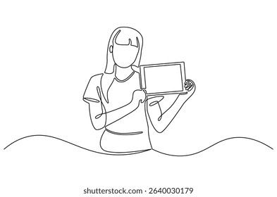 Continuous one line drawing of Business woman with tablet computer. Single line drawing illustration of Saleswoman showing tablet. Business Blank screen concept vector art. Doodle line illustration.
