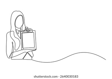 Continuous one line drawing of Business woman with tablet computer. Single line drawing illustration of Saleswoman showing tablet. Business Blank screen concept vector art. Doodle line illustration.
