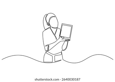 Continuous one line drawing of Business woman with tablet computer. Single line drawing illustration of Saleswoman showing tablet. Business Blank screen concept vector art. Doodle line illustration.
