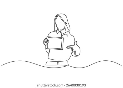 Continuous one line drawing of Business woman with tablet computer. Single line drawing illustration of Saleswoman showing tablet. Business Blank screen concept vector art. Doodle line illustration.
