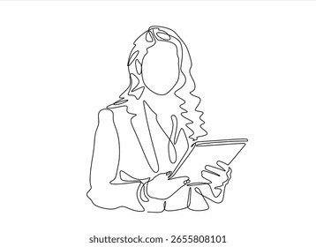 Continuous one line drawing of business woman holding a folder. Single line draw design vector graphic illustration.Hand drawn one line vector. Editable stroke	