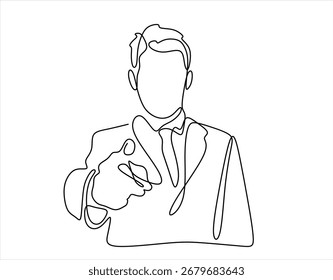 Continuous one line drawing of business man pointing with finger. Hand drawn one line vector. Editable stroke