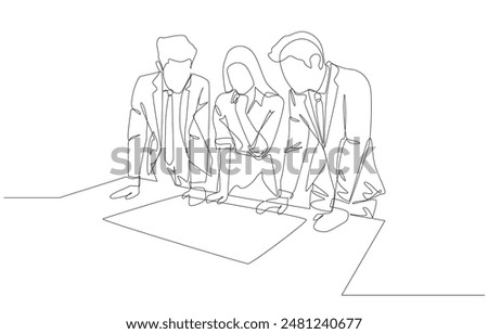 Continuous one line drawing of business people discussing work at table, discussion about work in office concept, single line art.
