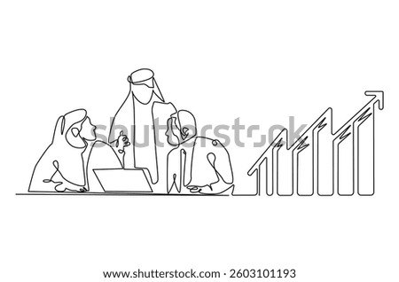 Continuous one line drawing of Business pople meeting with growing graph. Single line drawing illustration of Business Growth plan. Business concept vector art. Doodle line illustration.