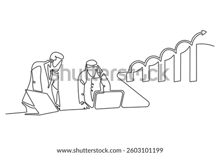 Continuous one line drawing of Business pople meeting with growing graph. Single line drawing illustration of Business Growth plan. Business concept vector art. Doodle line illustration.
