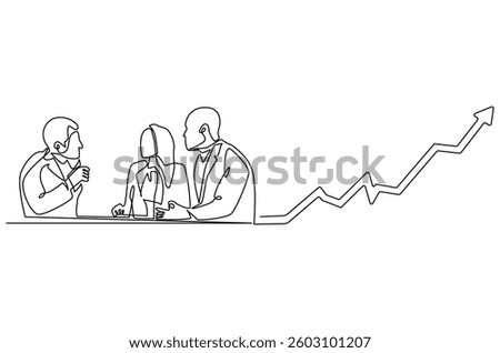 Continuous one line drawing of Business pople meeting with growing graph. Single line drawing illustration of Business Growth plan. Business concept vector art. Doodle line illustration.
