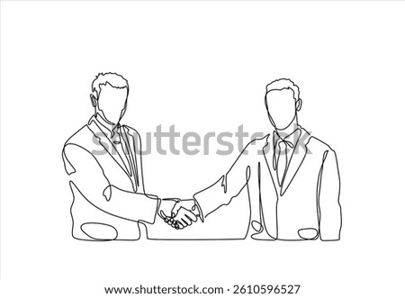 Continuous one line drawing, business partners, clients shaking hands, concluding a deal, an agreement. Business concept. Vector graphic illustration of one line drawing. 	