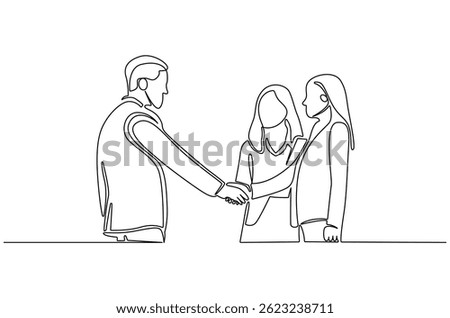 Continuous one line drawing of Business people do a negotiation. Single line drawing illustration of Business deal. Art of negotiation concept vector art. Doodle line illustration.