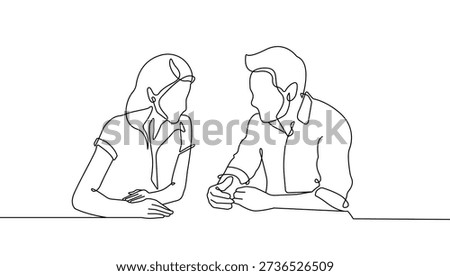 Continuous One Line Drawing of Business Group in Office. Man and Woman Talking Together One Line Illustration. Business Concept Abstract Linear Style. Minimalist Contour Drawing. Vector. Not AI