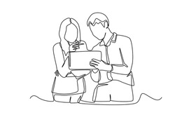Continuous One Line Drawing Businessman And Woman Discussing About Sales On Tab Or Analyze Data For Marketing Plan. Communication Concept. Single Line Draw Design Vector Graphic Illustration.