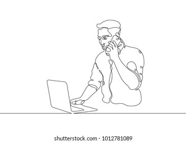 Continuous one line drawing businessman sitting working at computer laptop