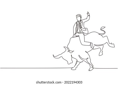 Continuous one line drawing businessman riding unicorn bull. Investment, bullish stock market trading, rising bonds trend. Successful business man. Single line draw design vector graphic illustration