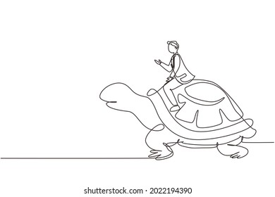 Continuous one line drawing businessman riding huge turtle. Slow movement to success, manager driving giant tortoise. Business competition concept. Single line draw design vector graphic illustration