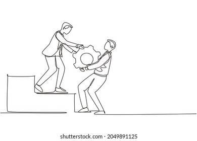 Continuous one line drawing businessman helping his partner to lifting cogs or gears on top of stairs. Teamwork, goal achievement, solution, success, winner concept. Single line draw design vector