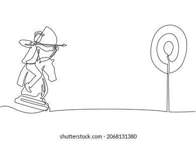 Continuous one line drawing businessman holding archery aiming target while riding chess knight piece, strategic concept. Success business manager. Single line draw design vector graphic illustration