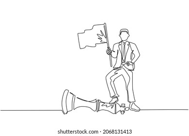 Continuous one line drawing businessman holding flag, defeat competitors in business as winning chess game. Company strategy success using powerful move for advantage. Single line draw design vector