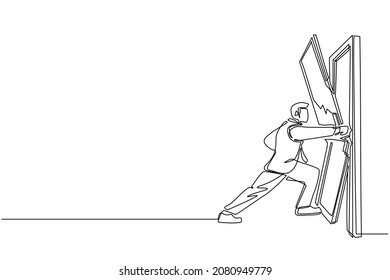 Continuous one line drawing businessman punching and destroying door. Depicts eliminating barrier of entries, overcome challenges, destroying obstacles with power force. Single line draw design vector