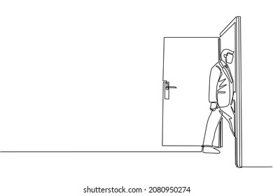Continuous one line drawing businessman enters the room through the door. Man walking to opened door. Starting new day at office. Business concept. Single line draw design vector graphic illustration