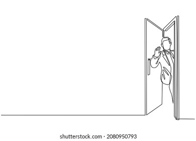 Continuous one line drawing businessman looking from behind open door. Young man peeking of door and wave hands. Cheerful male standing in doorway. Single line draw design vector graphic illustration