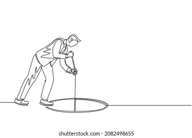 Continuous one line drawing businessman stretch out rope into hole. Man wondering and looking at the big hole, business concept in opportunity, exploration or challenge. Single line draw design vector
