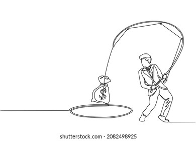 Continuous one line drawing businessman holding fishing rod got big money bag from hole. Man catching money bag with fishing rod. Business concept. Single line draw design vector graphic illustration