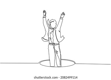 Continuous one line drawing businessman fell into manhole underground sewer. Man fell sewer hatch. Depressed and business failure concept. Metaphor. Defeat. Single line draw design vector illustration