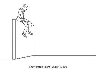 Una línea contínua que entristece a los empresarios sentados en la pared pensando en las pérdidas de ganancias, crisis y pérdidas financieras en el mercado de operaciones. Concepto de negocio de evaluación. Vector de diseño de tracción de línea única