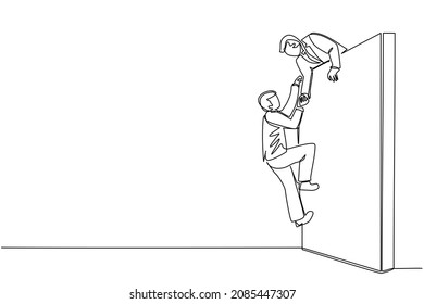 Continuous one line drawing businessman helping another businessman climb wall. Confident successful leading businessman helping another one to get over brick wall. Single line draw design vector