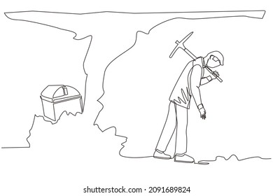 Continuous one line drawing businessman give up before reach money and treasures. Worker gives up digging not knowing treasure chest is almost revealed. Single line design vector graphic illustration