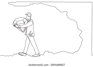 Continuous one line drawing businessman bearing big diamond from underground. Treasure digging with someone carry diamond. Success, achievement concept. Single line design vector graphic illustration