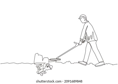 Continuous one line drawing businessman with metal detector looking for pile of diamonds. Man treasure hunter with metal detector finding precious stone. Single line draw design vector illustration