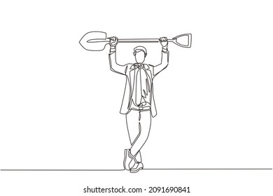 Continuous one line drawing businessman standing and lifting big shovel. Business concept. Depicts hard work, success, achievement, and discovery. Single line draw design vector graphic illustration