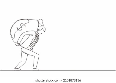 Continuous one line drawing businessman carrying big and heavy money bag on his back. Financial problems, taxation burden or business debt, deadline concept. Single line draw design vector graphic