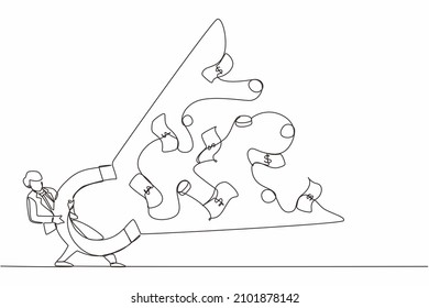 Continuous one line drawing businessman using big magnet to attract money. Making money, successful business idea, financial success, gain, and profit. Single line design vector graphic illustration