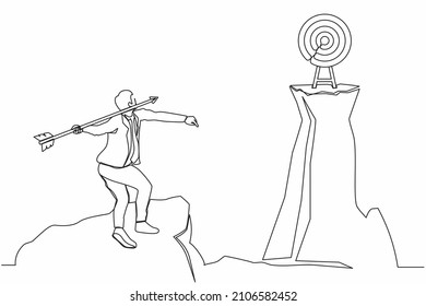 Continuous one line drawing businessman standing peak cliff targeting dartboard and big arrow  Businessman aiming target cliff  Success business metaphor  Single line design vector graphic