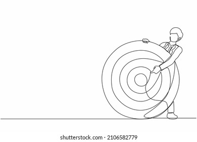 Continuous one line drawing businessman holding archer target or dashboard pointing at bullseye. Focus on business target, setting goal for motivation. Single line design vector graphic illustration