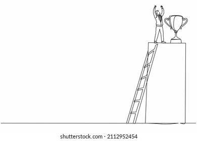 Continuous one line drawing businessman climb ladder to reach trophy and standing with arms lifted in the air. Man celebrating his business award. Single line draw design vector graphic illustration