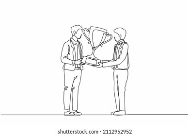 Continuous one line drawing businessman winner getting first prize. Male giving golden cup to businessman. Winning, leadership, achievement concept. Single line draw design vector graphic illustration