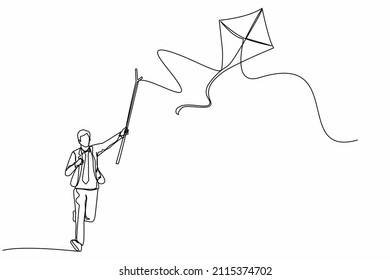 Continuous one line drawing businessman runs to chasing kite using stick. Manager runs with flying kite. Race for opportunities. Business metaphor. Single line draw design vector graphic illustration